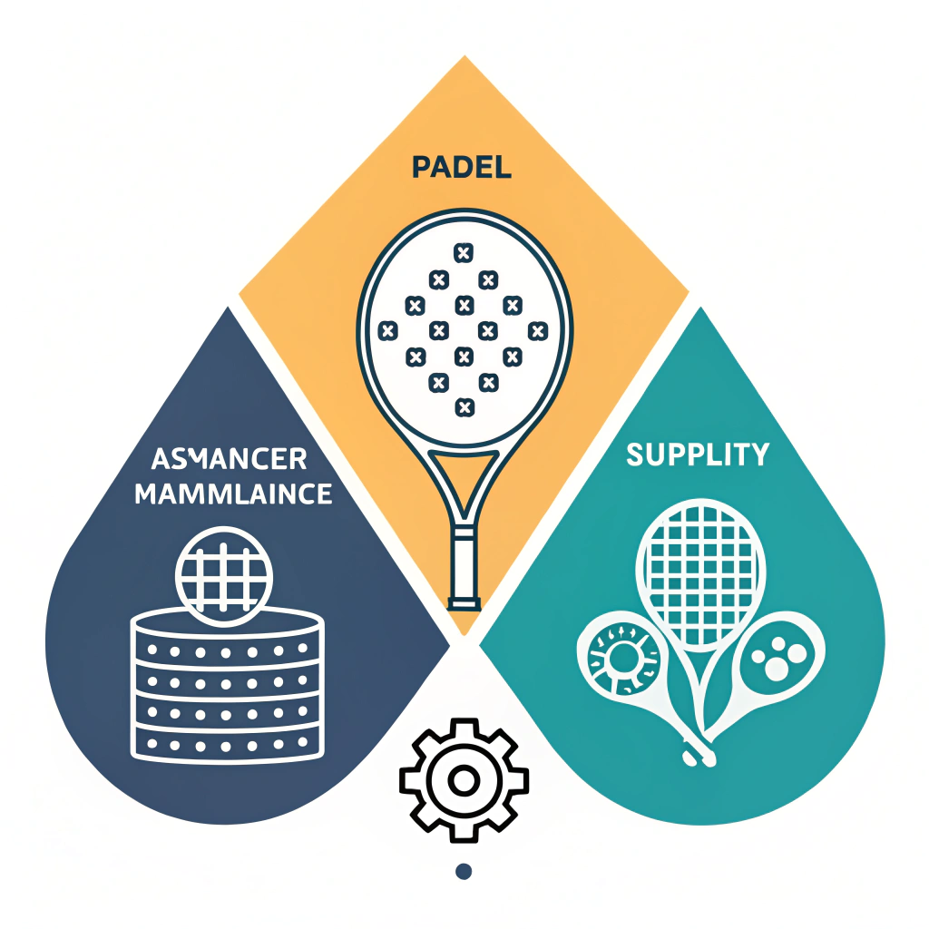 Minimal flat design illustration of varied padel rackets with abstract manufacturing icons