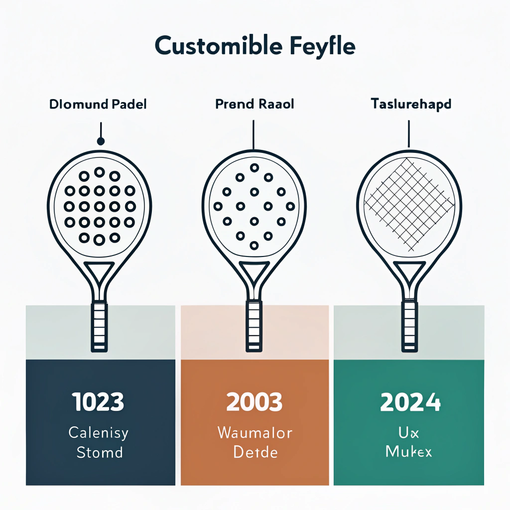 A minimal illustration of diverse customizable padel rackets highlighting varied shapes and colors.