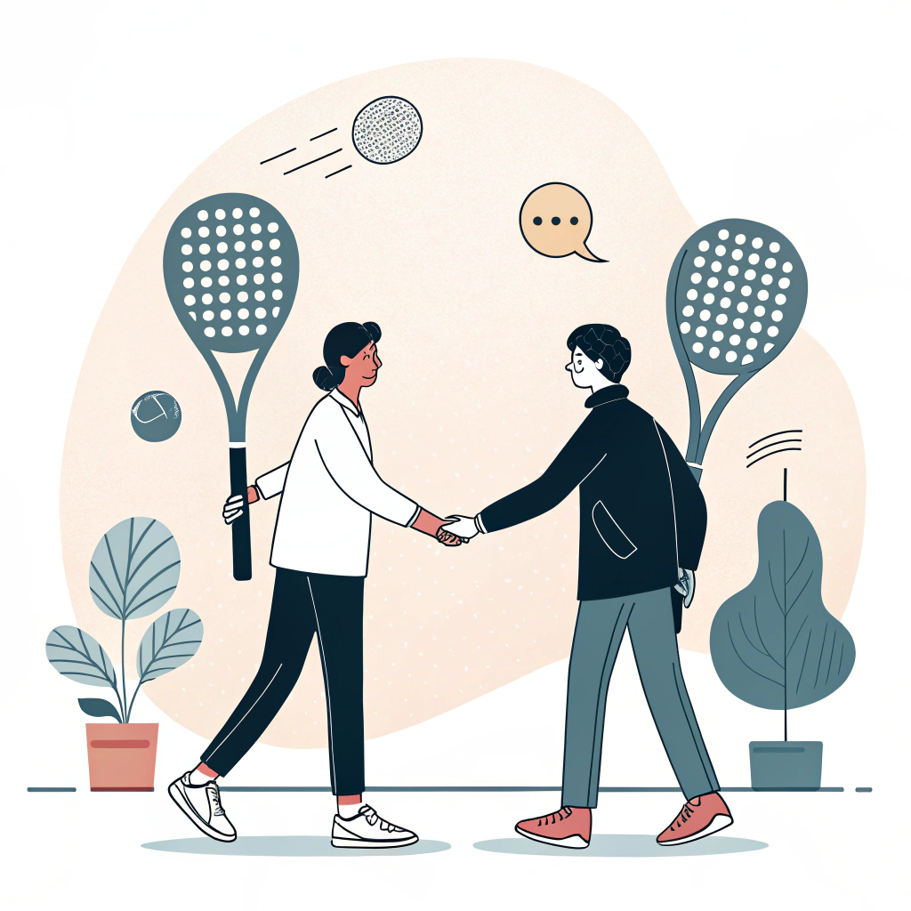 Clean 2D illustration of handshake and padel rackets representing collaboration