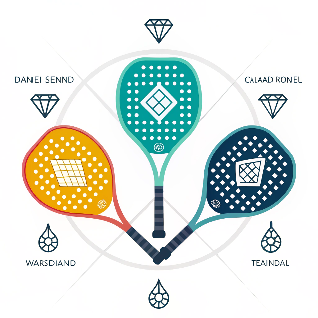 2D flat illustration of various customizable padel racket shapes in minimalist style