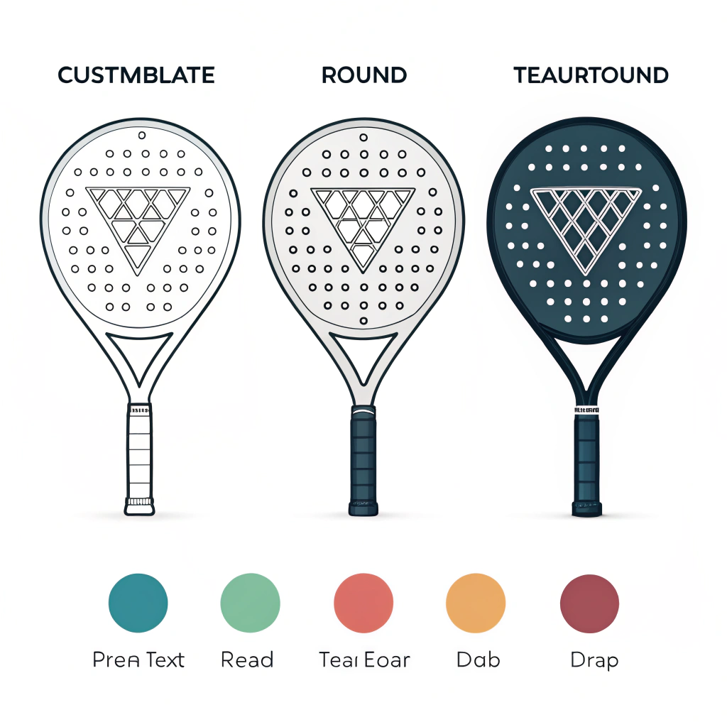 Flat design illustration of various customizable padel racket shapes and branding elements
