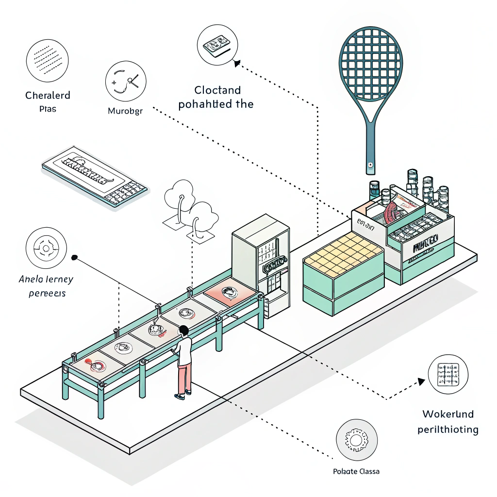 Minimalist illustration of a carbon fibre production line for padel rackets.