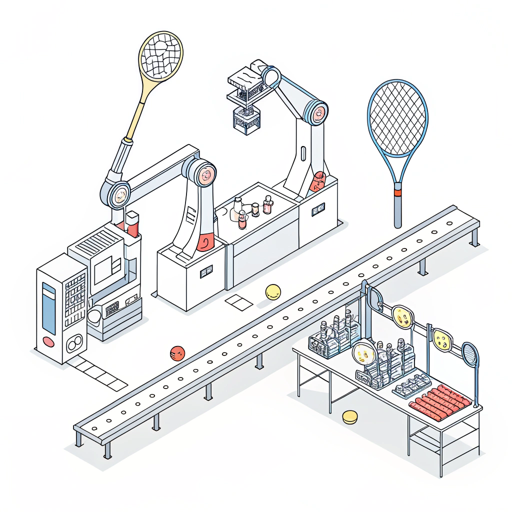 "Minimal illustration of a modern padel racket assembly line in a factory setting."