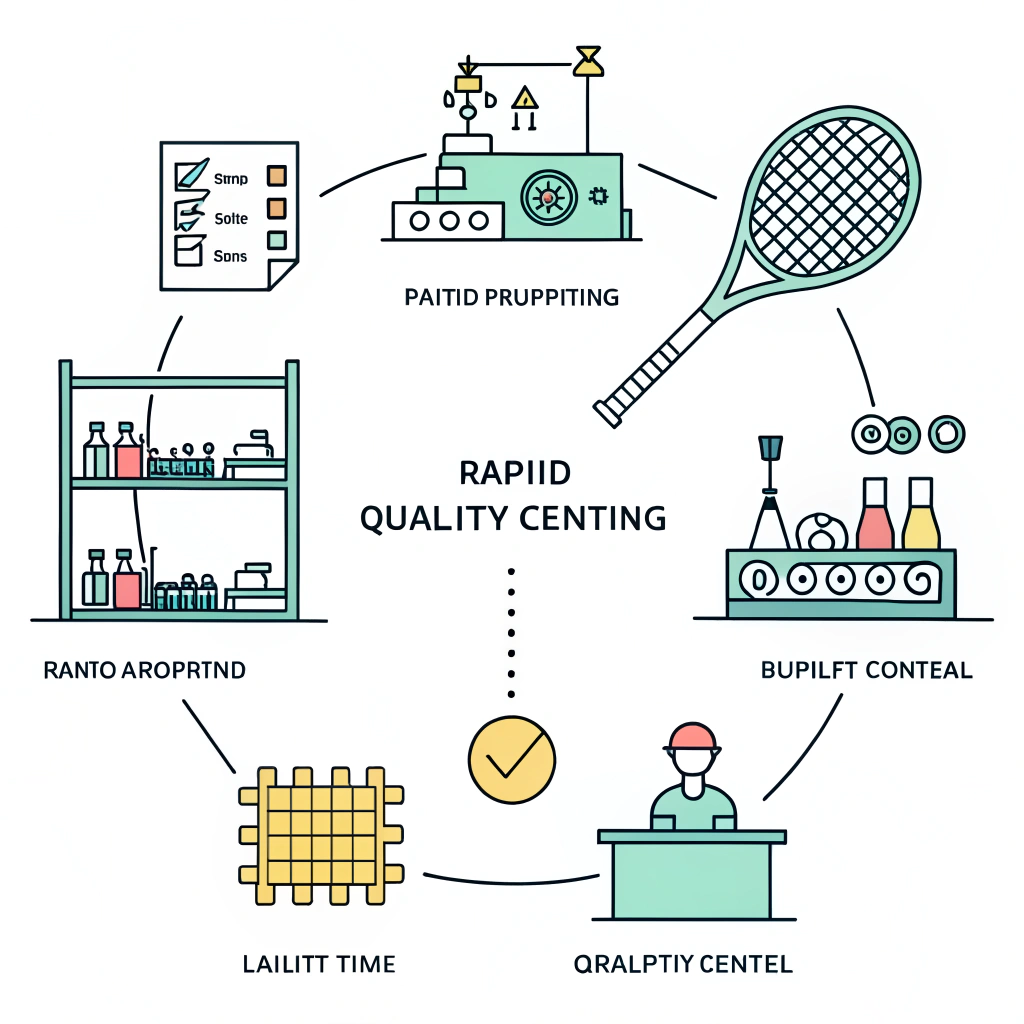 Flat design depicting streamlined production and quality control in padel equipment manufacturing.