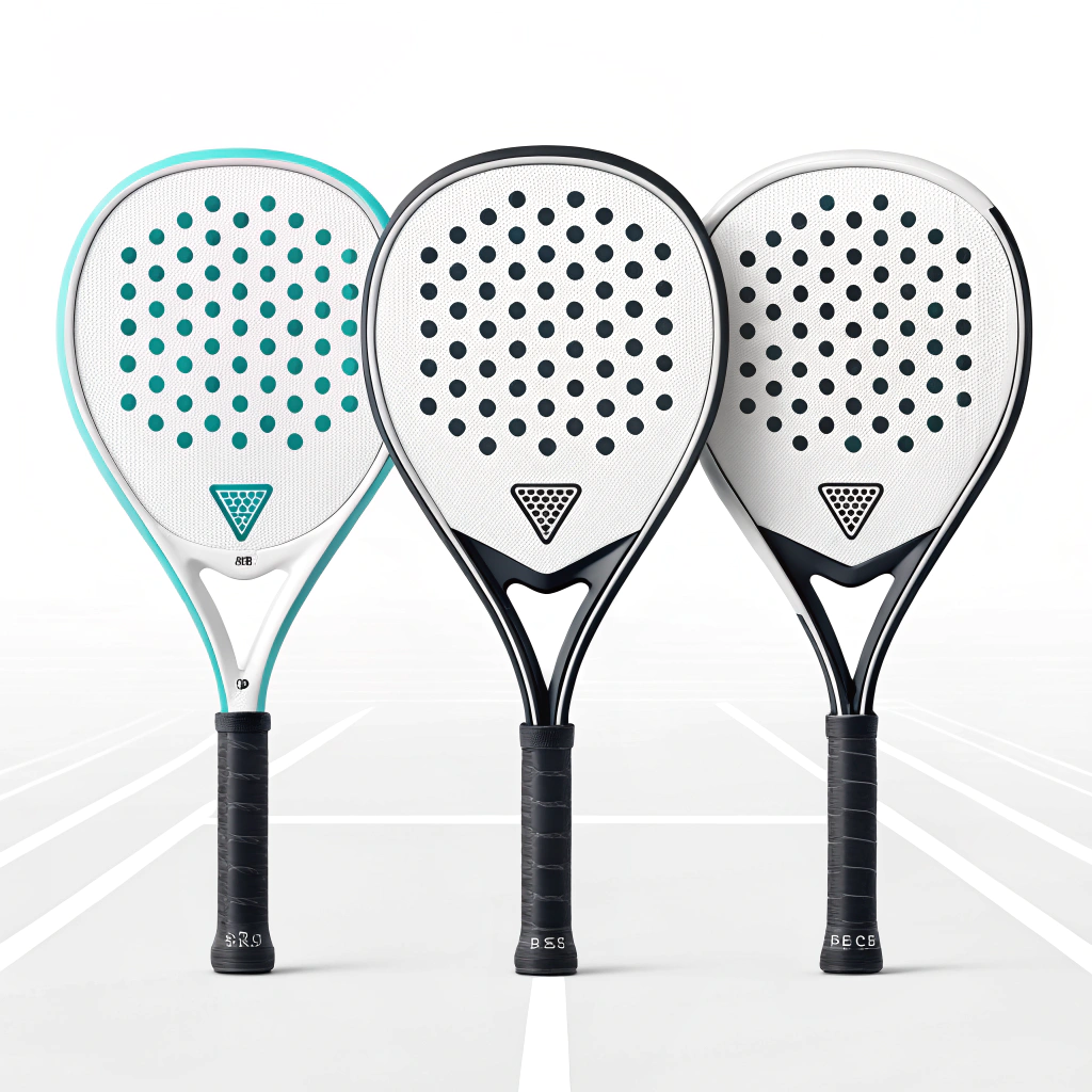 2D minimalist illustration of advanced padel rackets with clean design details