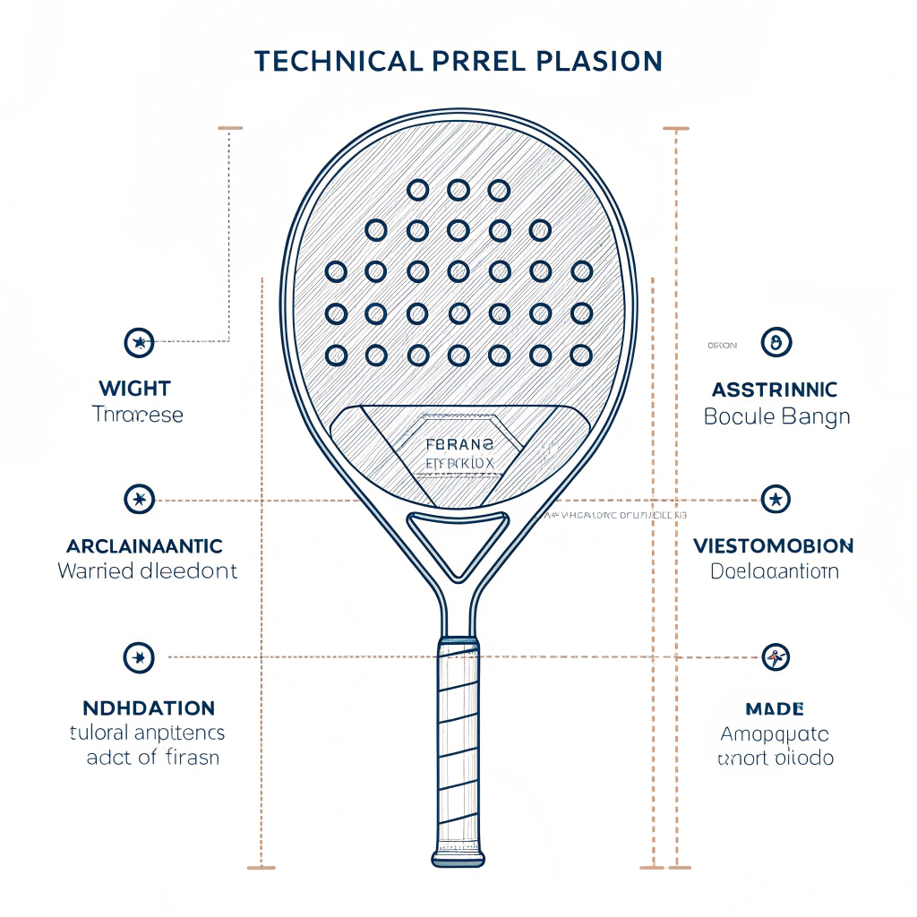 Simplified blueprint style illustration of a padel racket highlighting engineering details