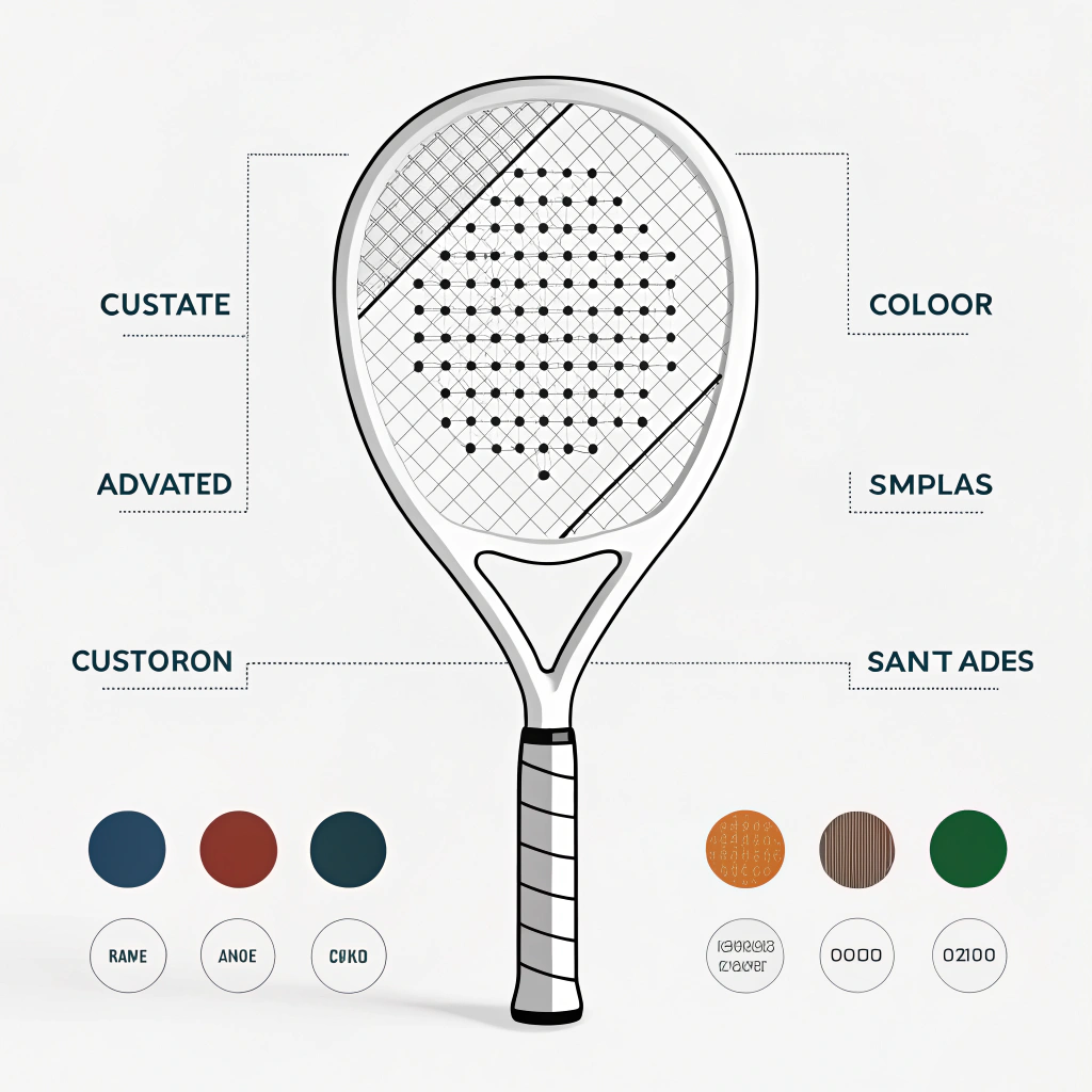 Flat style artwork showing a padel racket with design customization elements in minimalistic style