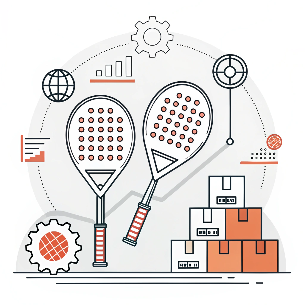 A minimal 2D illustration depicting modern padel rackets and accessories in a streamlined procurement scene.