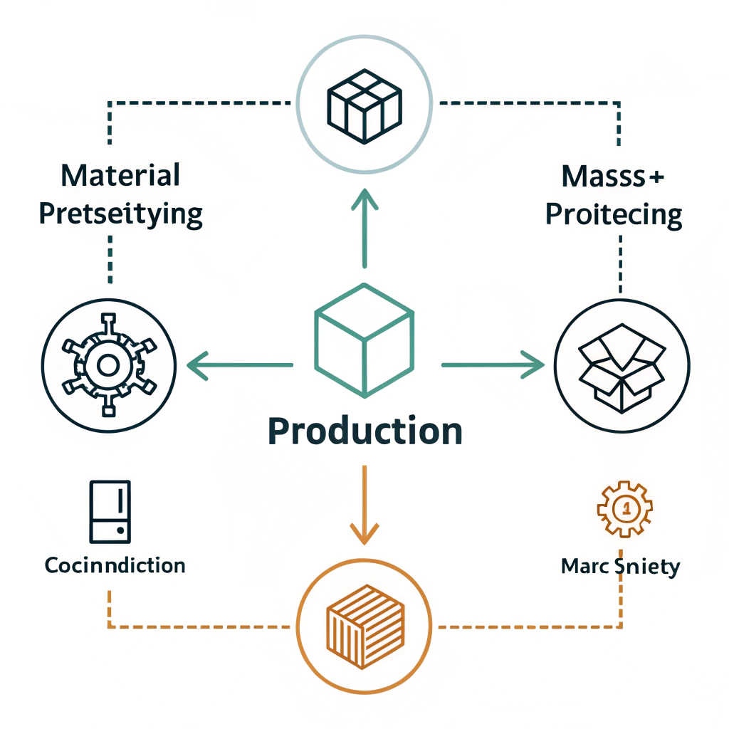 Minimal 2D geometric flowchart of production stages with simple icons and arrows