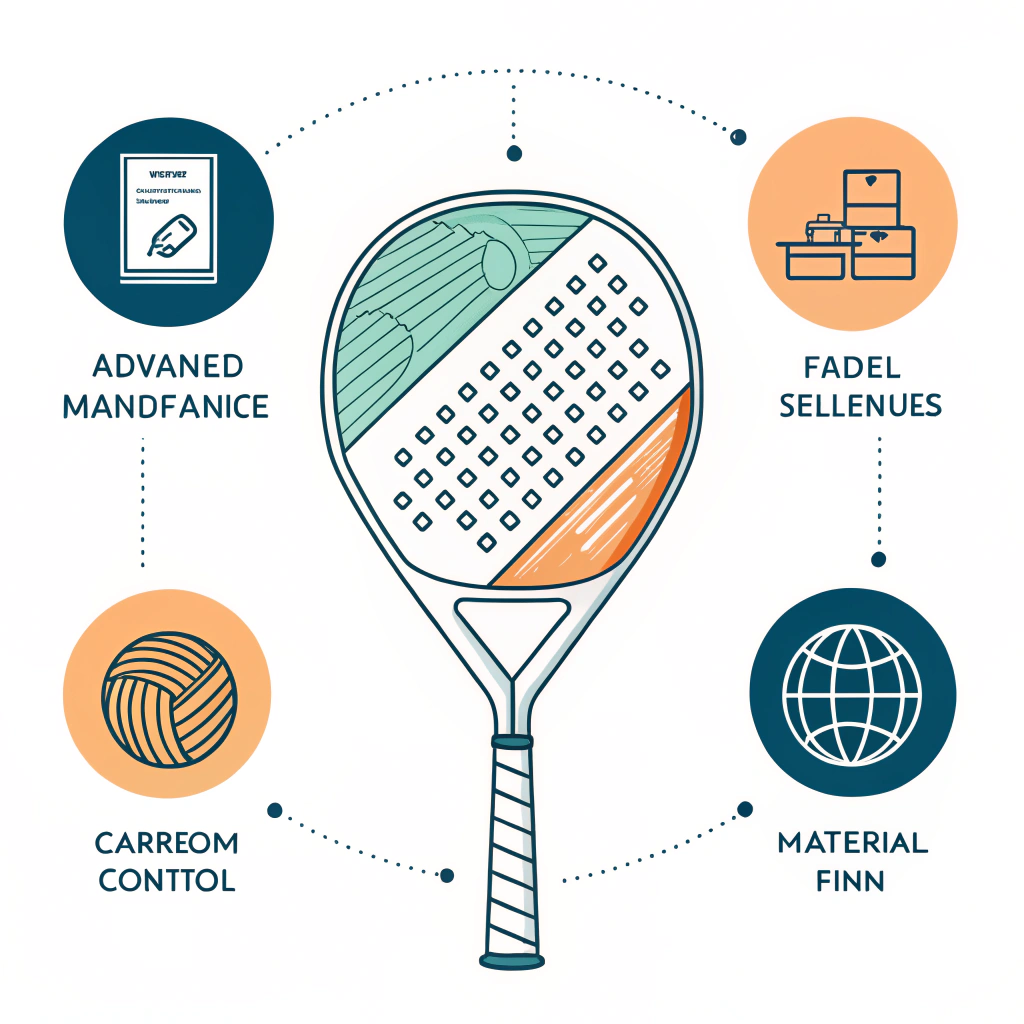 Simplified illustration showing a padel racket with layered composite materials and quality indicators