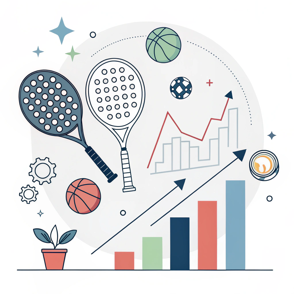 Minimal flat design illustration of padel rackets and market growth icons
