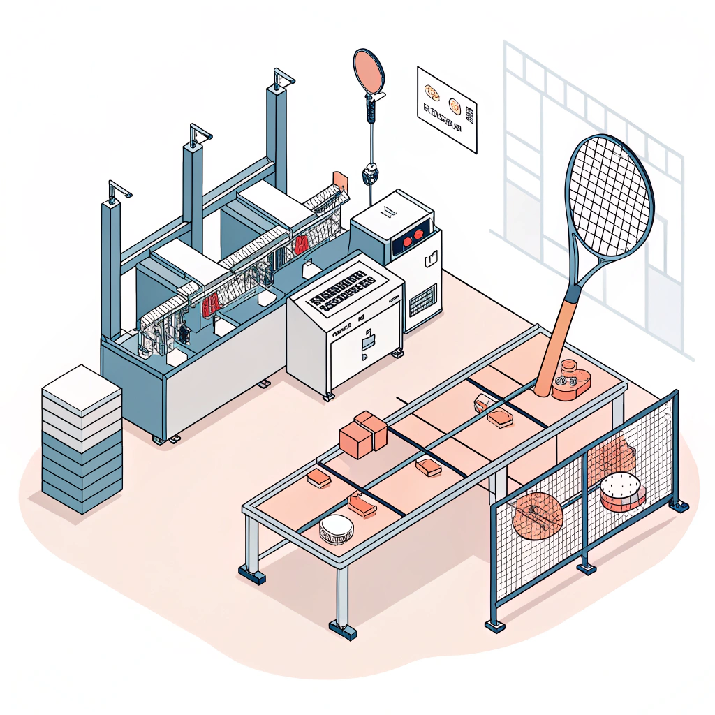 Simple flat illustration of advanced padel racket manufacturing with modern assembly setup