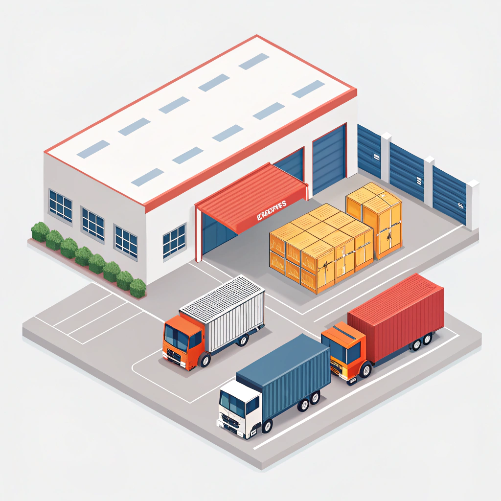 Minimalist illustration of a modern, efficient logistics hub for sports equipment