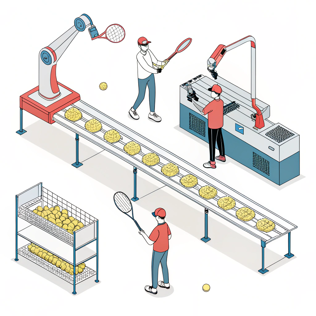 Minimalist depiction of an automated padel equipment production line with quality control checkpoints.