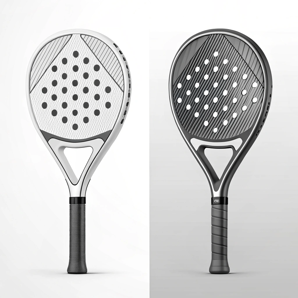 Minimalistic illustration comparing two padel rackets with distinct carbon fiber textures.