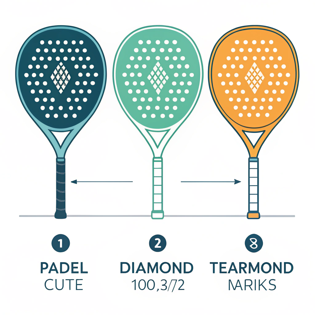 Minimalist illustration of three padel racket shapes: diamond, round, teardrop