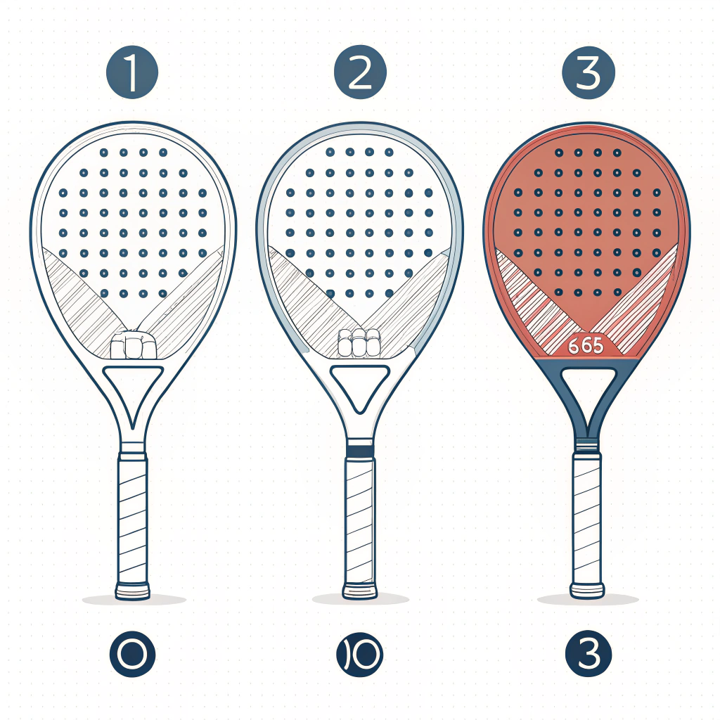 Minimalist illustration displaying three different padel racket models in flat style
