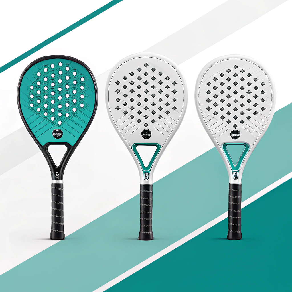 Minimalist flat art featuring three custom padel rackets with technical details.