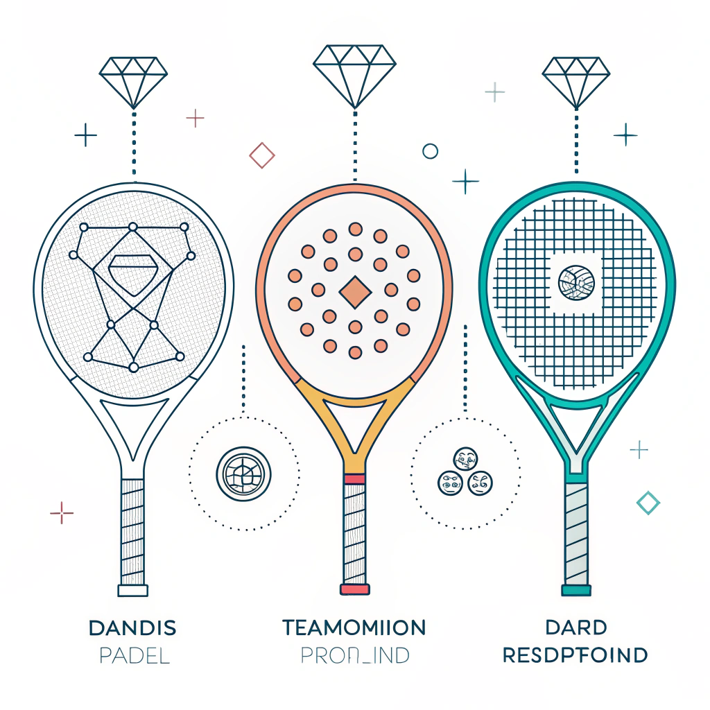 Minimal flat illustration showcasing three padel racket designs with advanced tech elements.