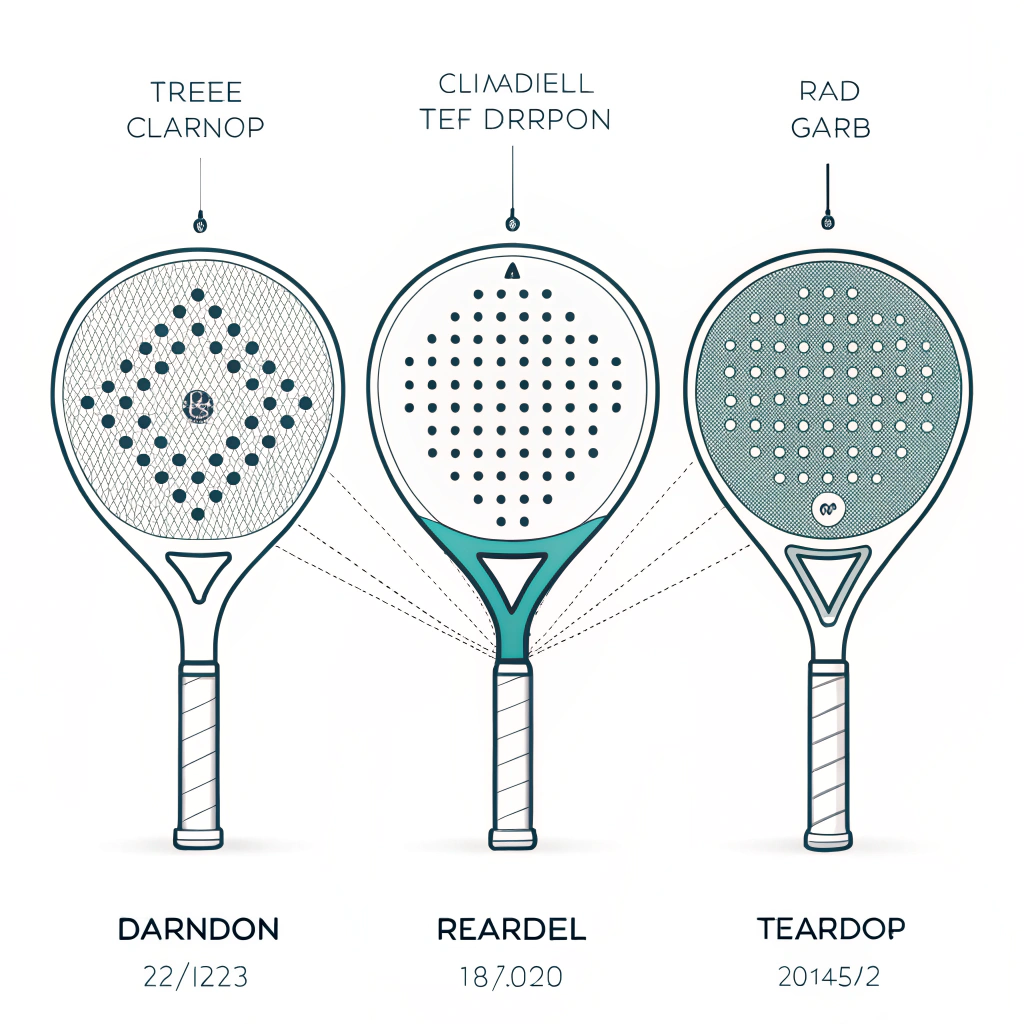 Flat-style illustration showing three distinct padel racket shapes emphasizing customization and quality.