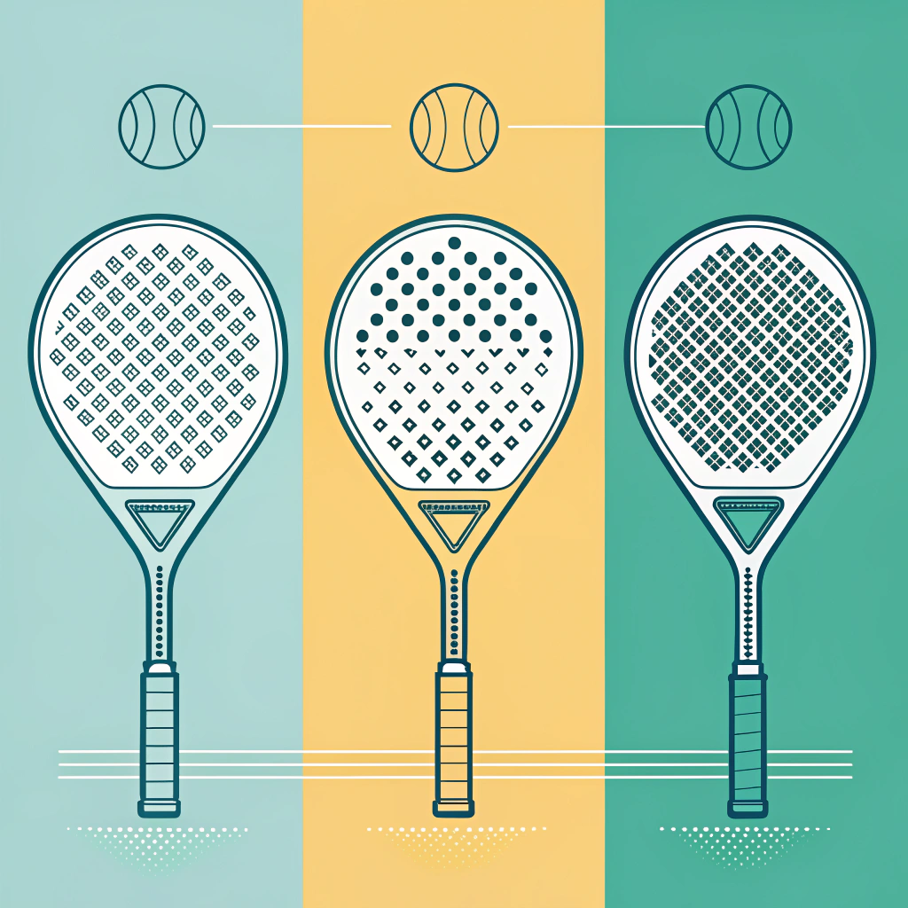 Flat design showing three padel racket shapes with technical overlay of material details.