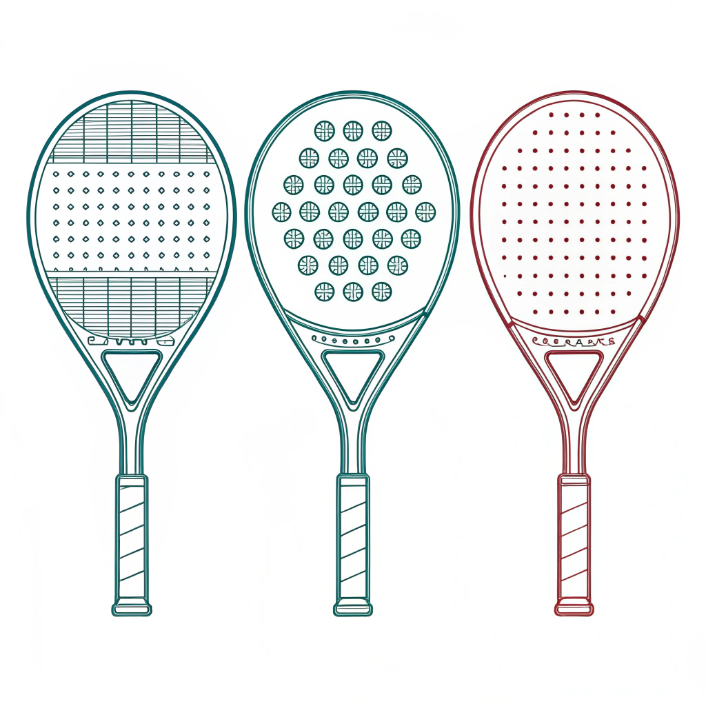 Minimalist flat illustration of diamond, round, and teardrop padel racket shapes