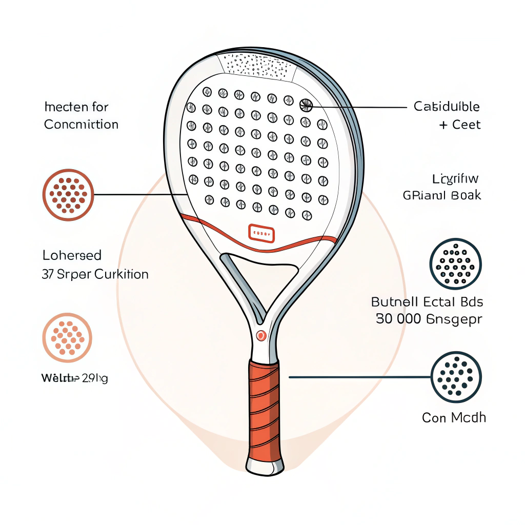 Clean illustration depicting customizable elements and design options of a padel racket.