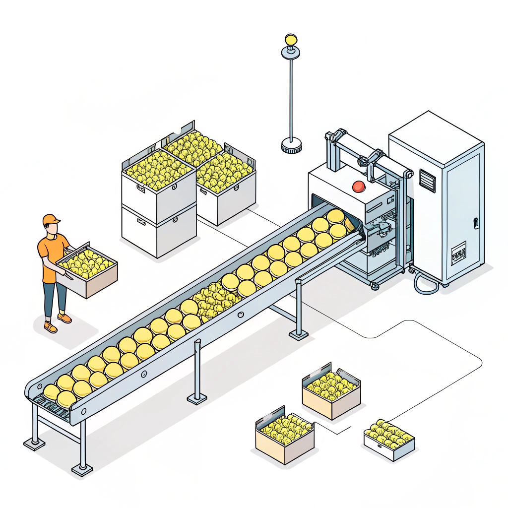 Minimalist 2D production line scene with padel balls and packaging quality control