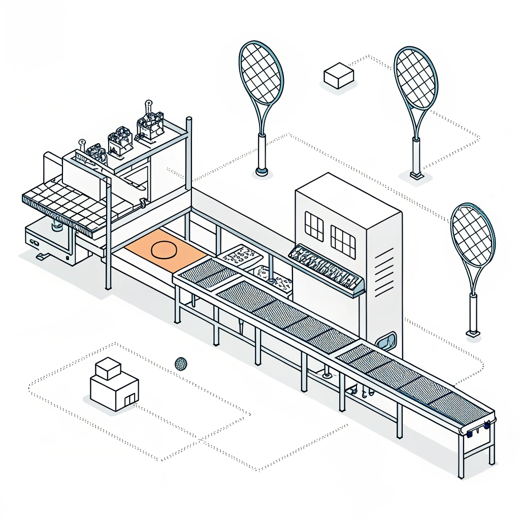 A minimalist vector artwork showing a futuristic production line for carbon fiber padel racquets with sleek design elements.