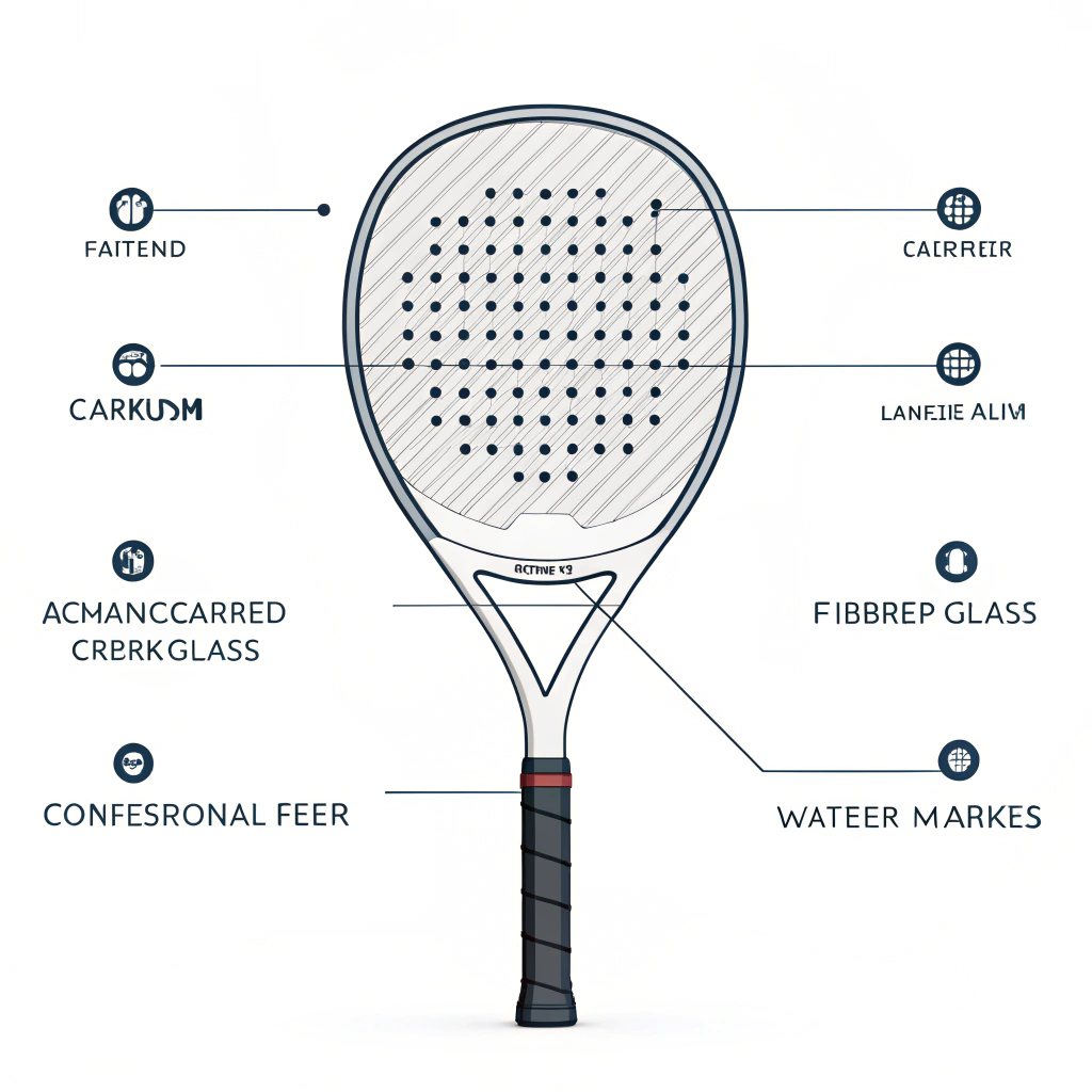 Minimal illustration of a padel racket dissected to show advanced material layers.