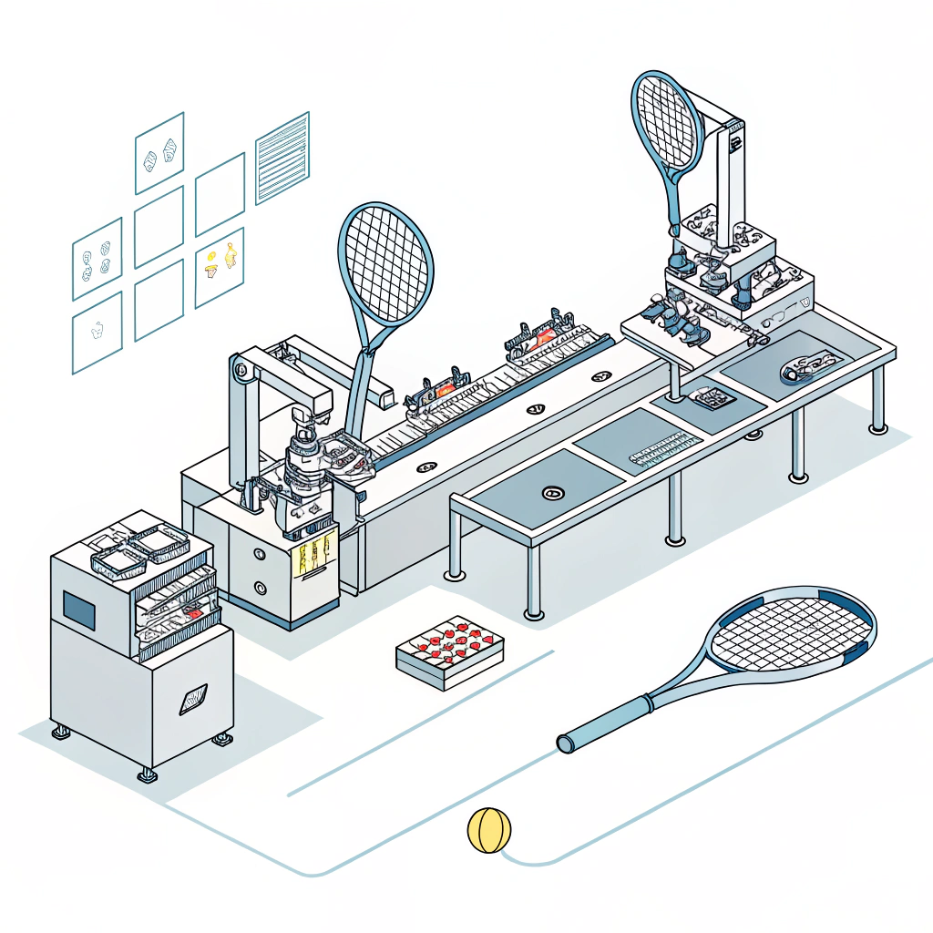 Simple illustration of a high-tech padel production line with robotic elements.