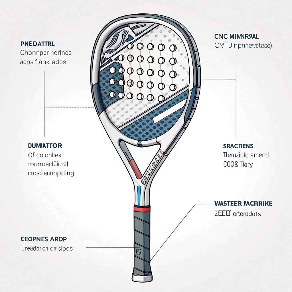 Minimal 2D illustration showing a padel racket with cut-away layers and digital engineering elements.