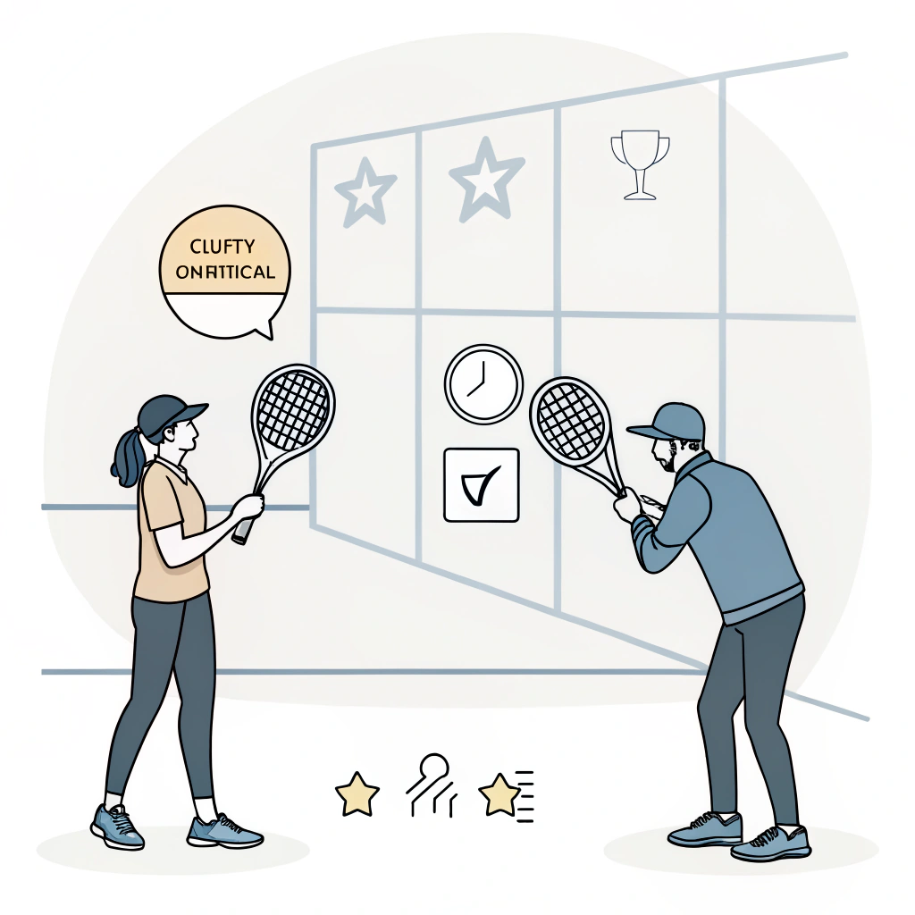 Minimalist illustration of a padel club evaluating high-performance rackets and production quality indicators