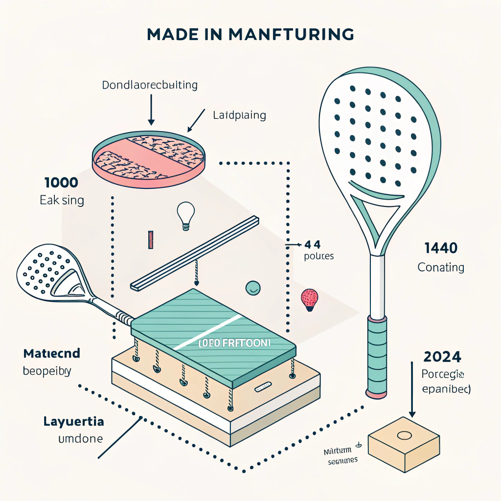 Minimalist illustration showing the step-by-step production process of a padel racket with layered materials