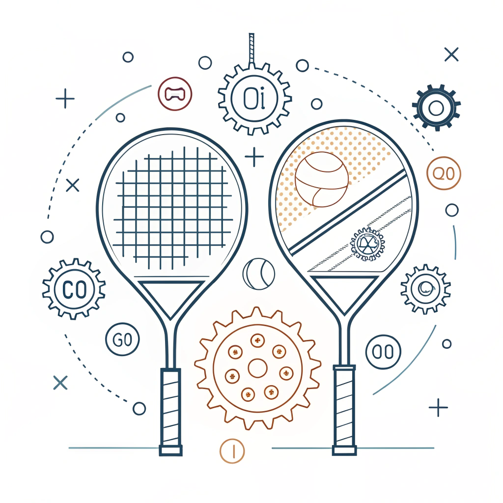Minimal flat illustration of advanced padel racket manufacturing with geometric shapes
