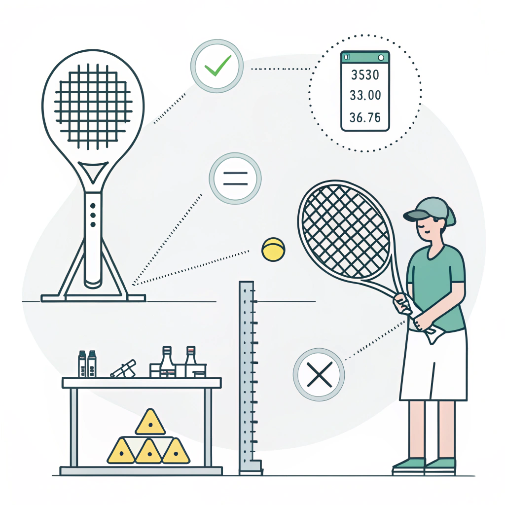 Flat design illustration of padel racket undergoing quality control testing.