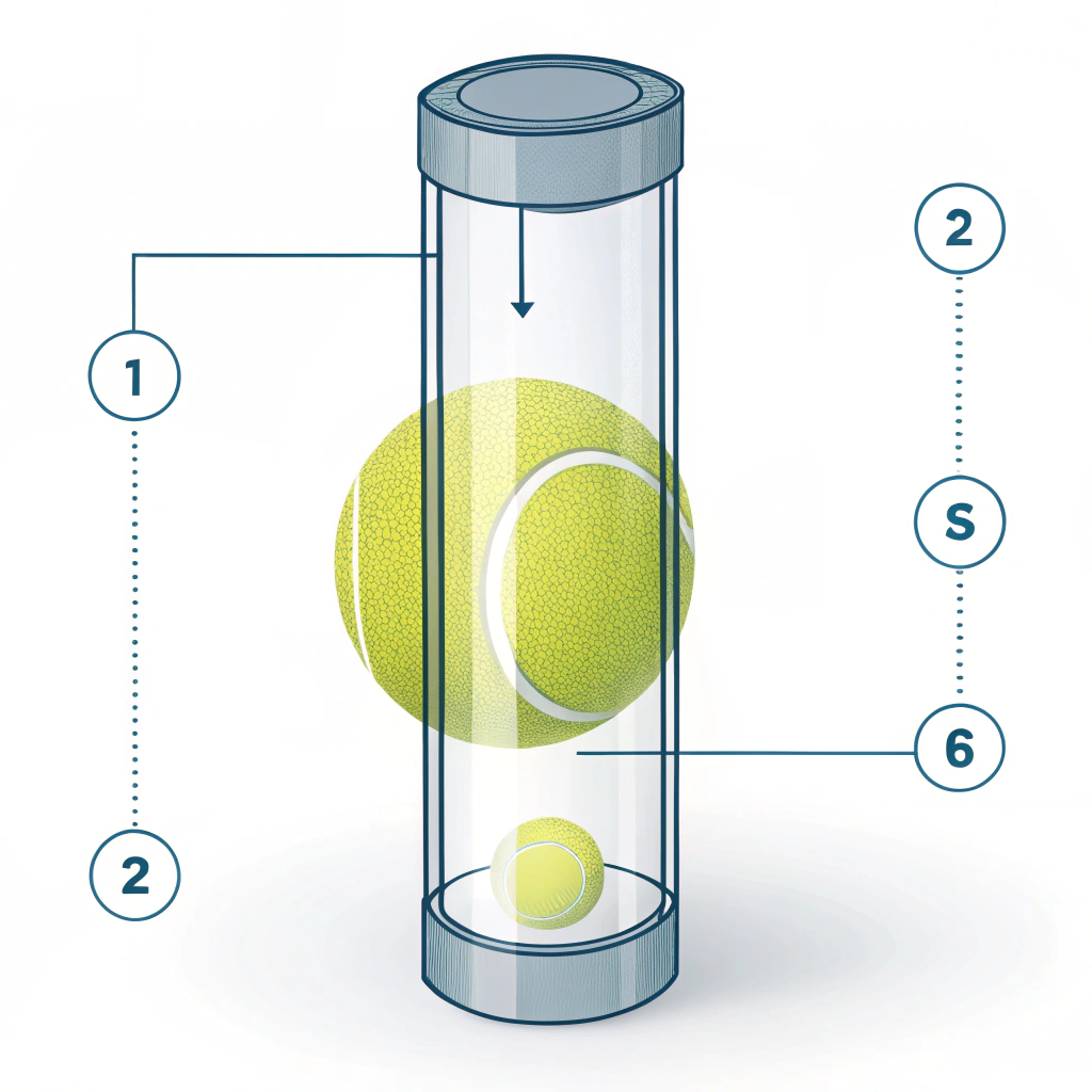 Minimalist 2D illustration showing a padel ball in pressurized tube packaging with clean technical lines
