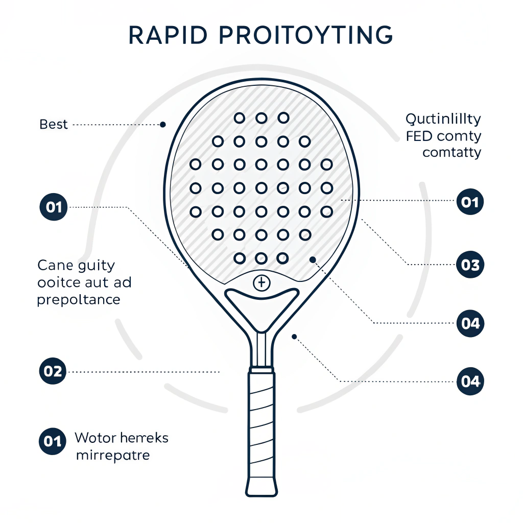 Clean flat illustration of padel racket prototype and quality process.