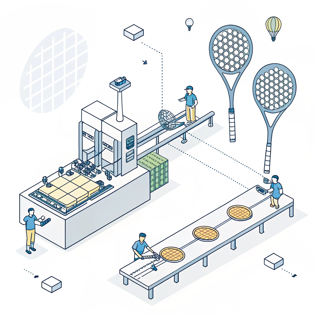 Minimal 2D illustration showing streamlined padel production and material selection.