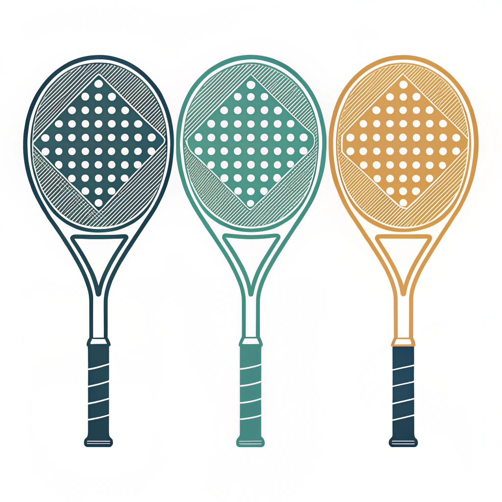Minimal 2D illustration comparing round, diamond, and teardrop padel rackets