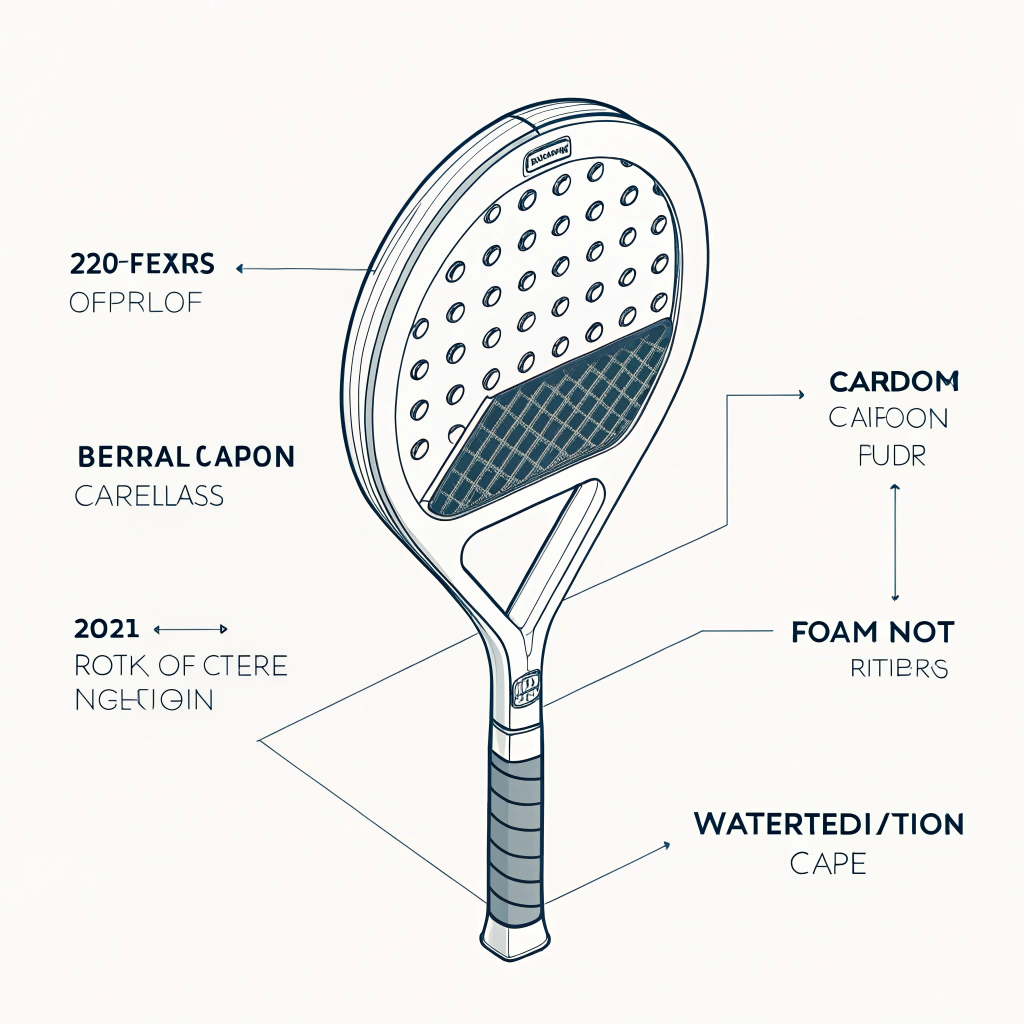 Simple illustration showing exploded layers of a padel racket and its materials.