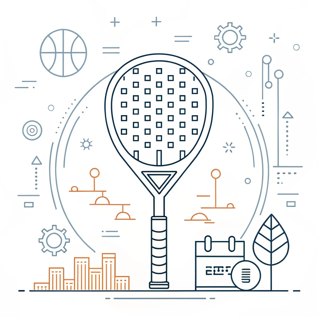 A modern flat design illustration of a premium padel racket and production elements in a minimal style.