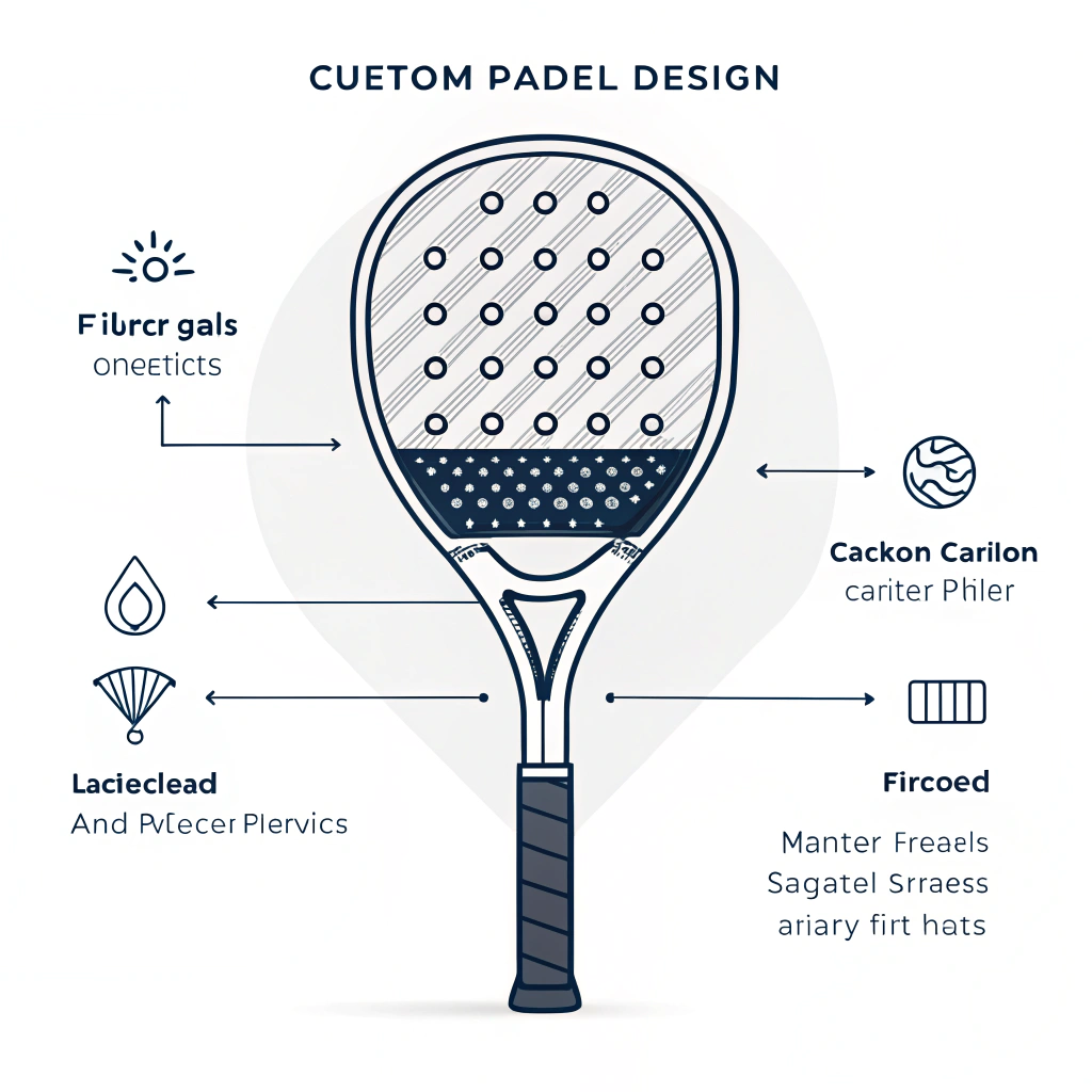 Minimal 2D illustration showing a sleek custom padel racket with layered material details.