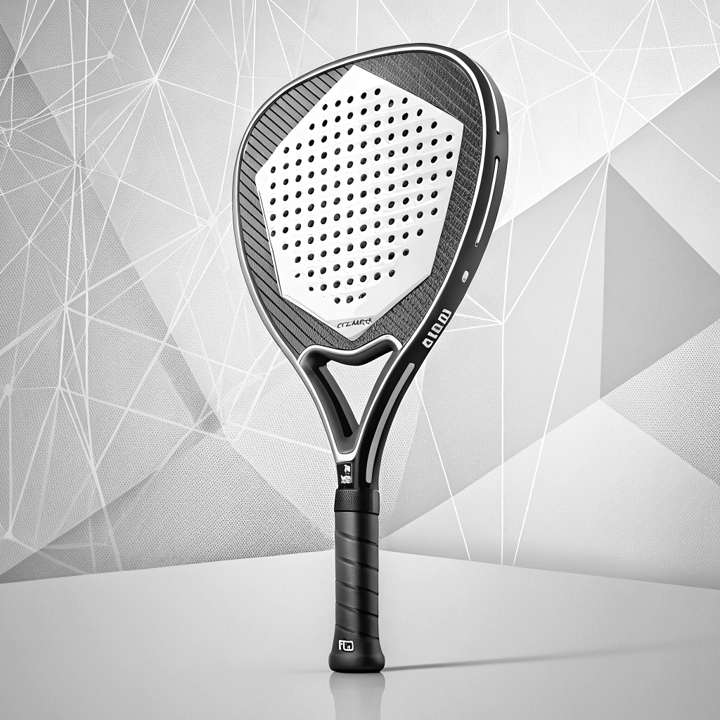 "Minimalist digital illustration of a modern padel racket with sleek curves"