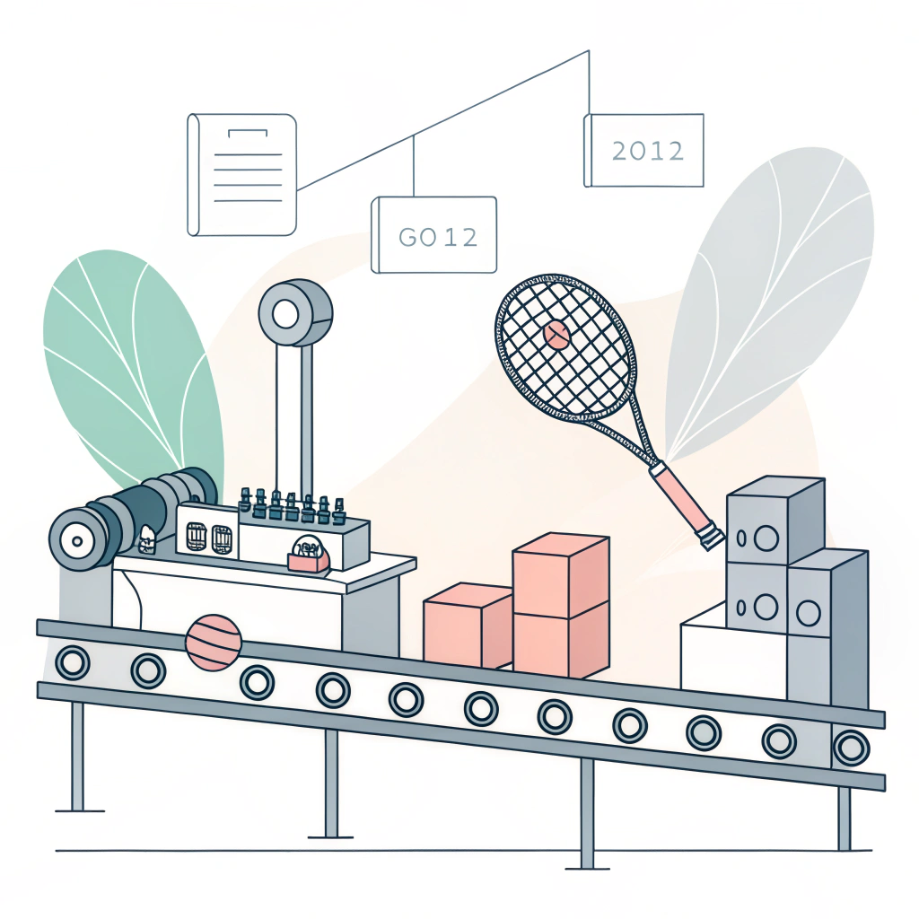 Simplified flat design of a padel racket production scene in a modern factory style