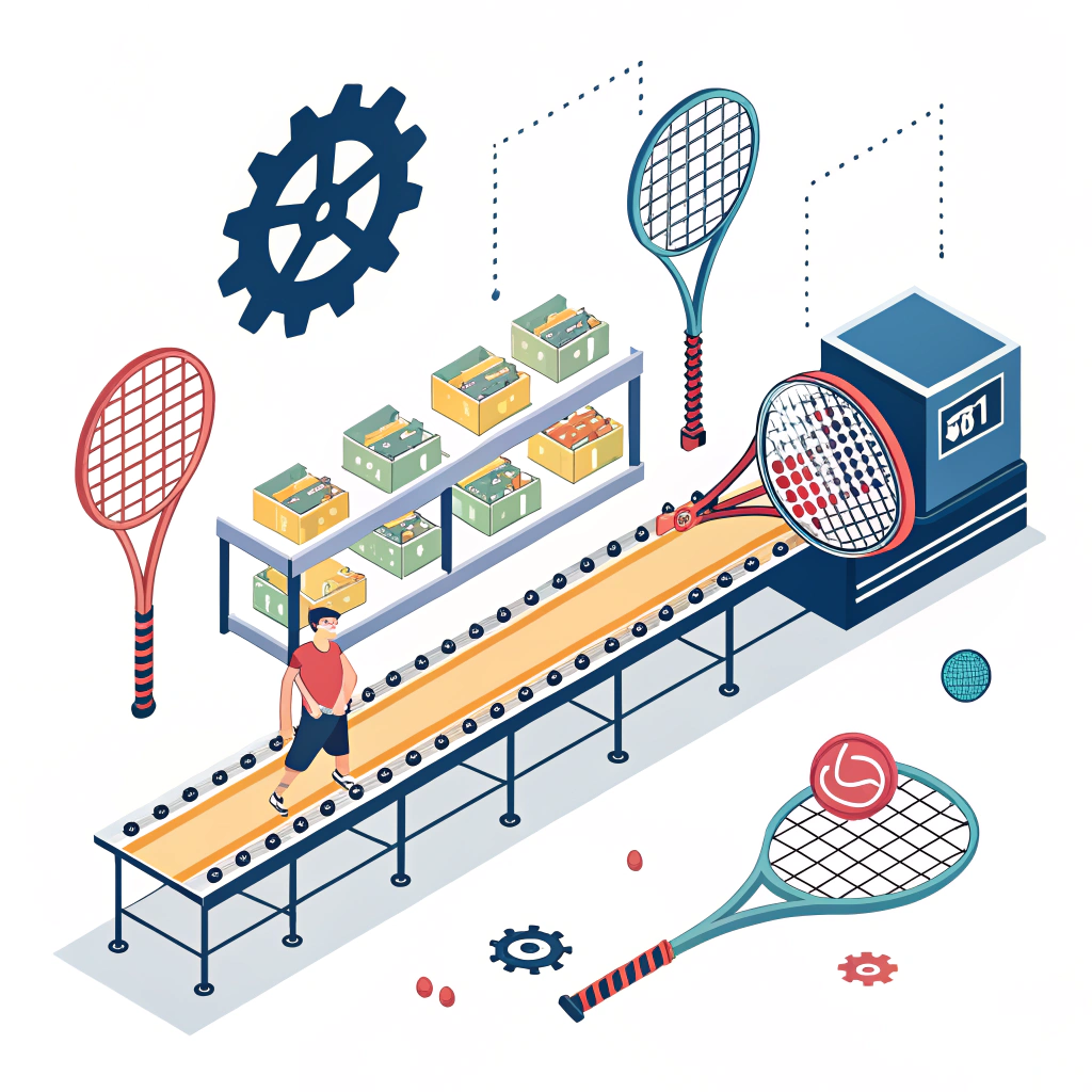 "A clean 2D illustration of a padel racket production line with abstract design elements."