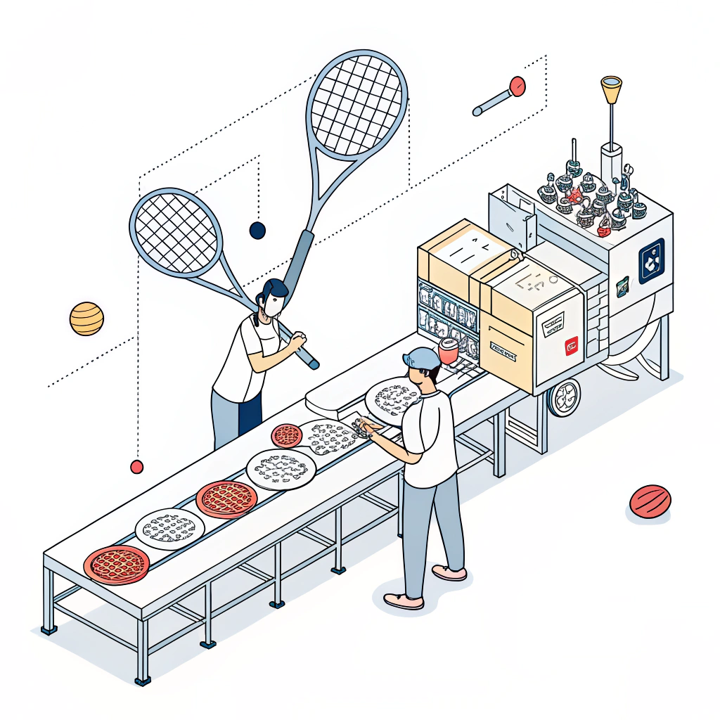 Minimalist illustration depicting a production line focused on racket customization and finishing touches