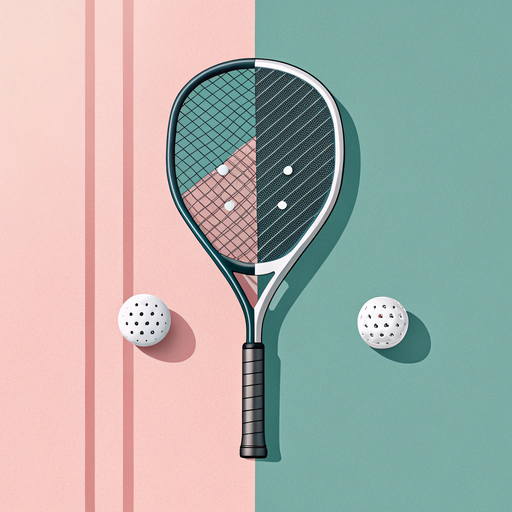 A 2D minimalist flat illustration featuring a split design with an advanced padel racket and a simple pickleball paddle.