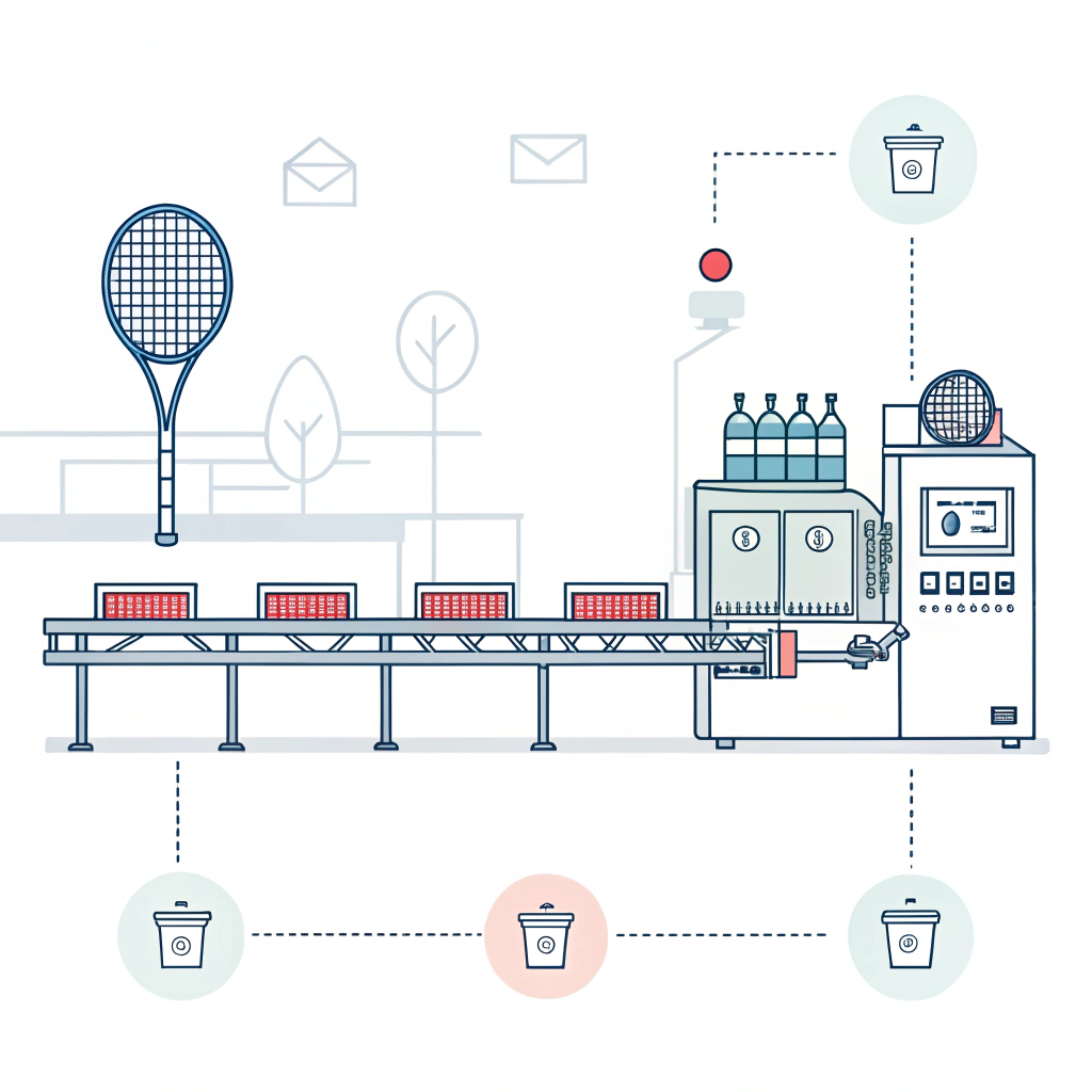 Minimalist flat design of a padel racket production process with assembly line elements