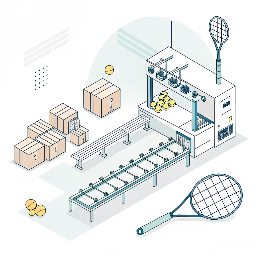 Minimalist illustration showing a modern factory production line for padel rackets.